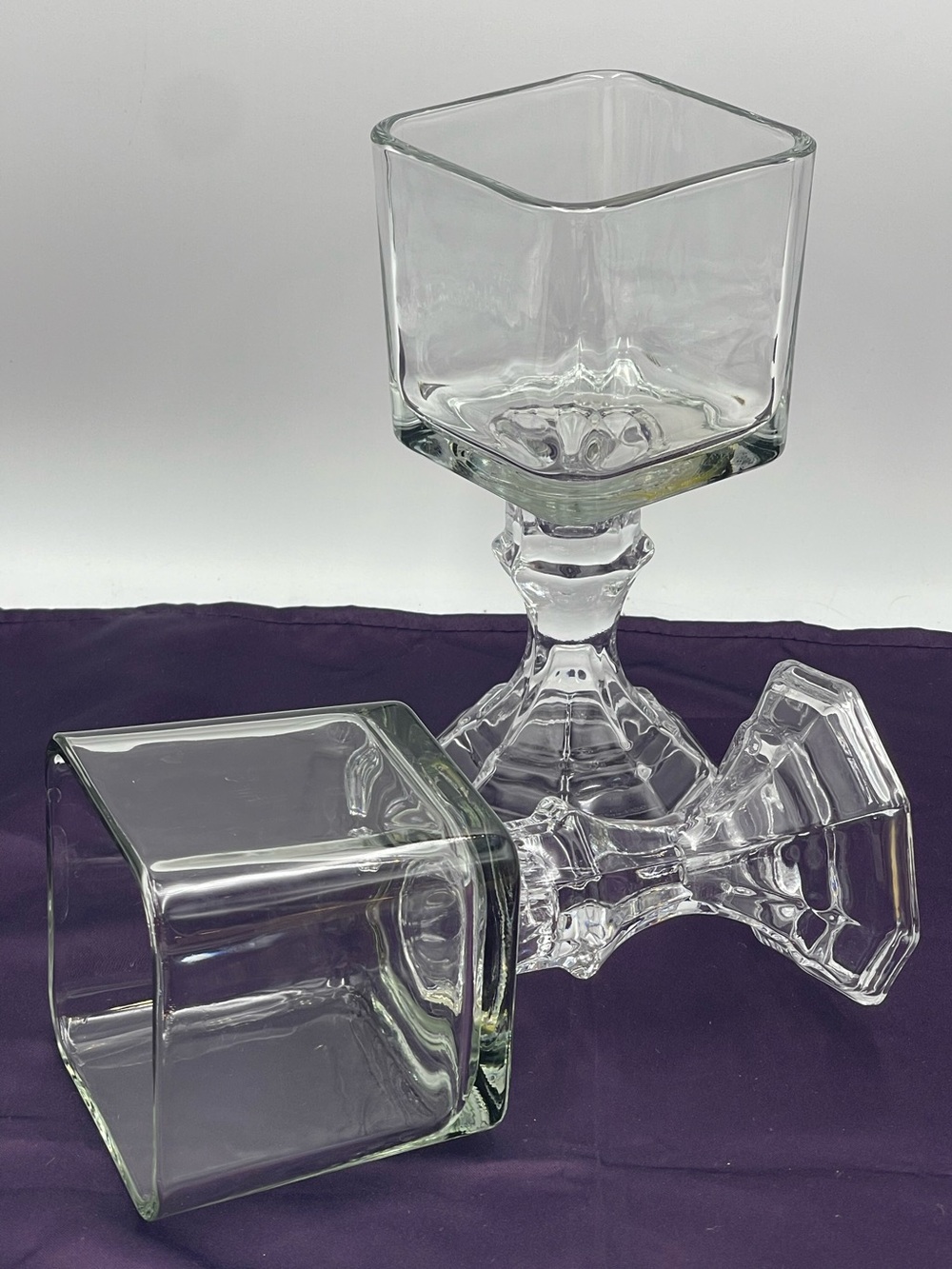 Vintage Pressed Glass Candle Holders Square Top Hexagonal Stem Pedestal Set of 2